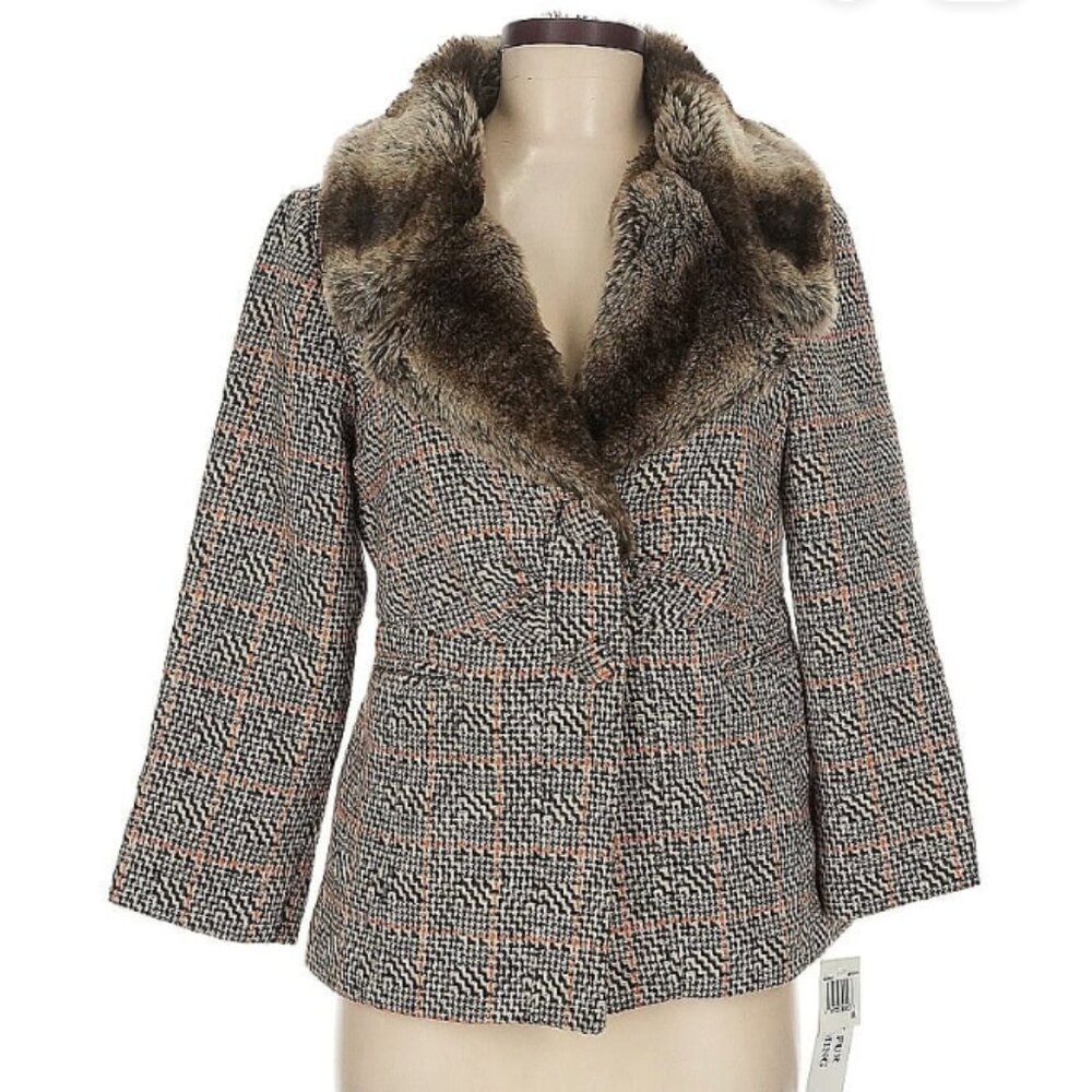 Brown and Orange Plaid Jacket with Faux Fur Collar